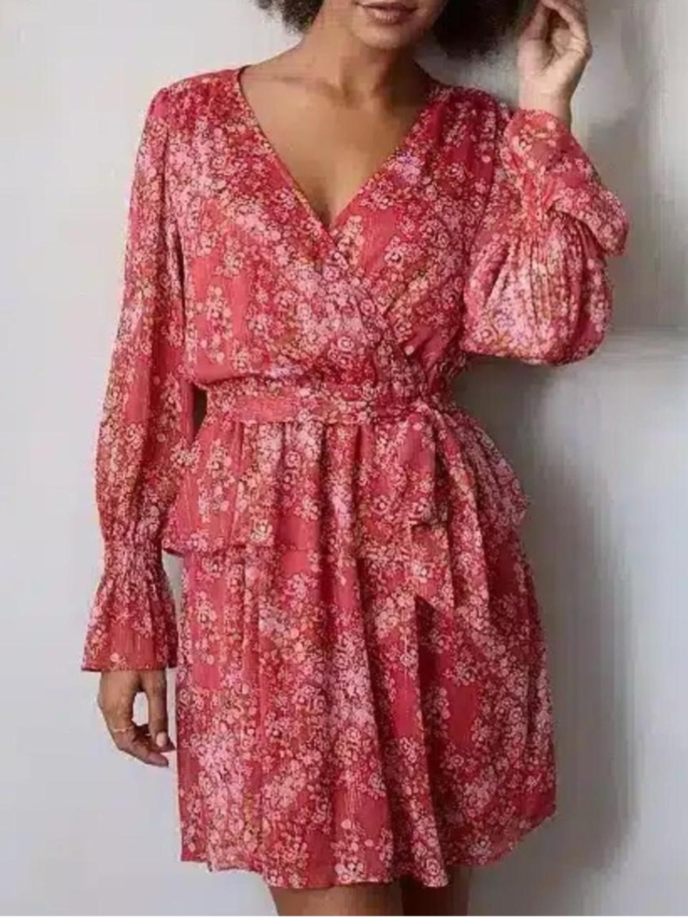 NWT Lauren Conrad Pink floral mini dress with long sleeves and tie waist Size S